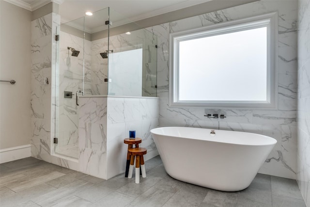 6242 Vickery Blvd, Dallas, TX 75214 - full bath featuring ornamental molding, a freestanding bath, and a marble finish shower