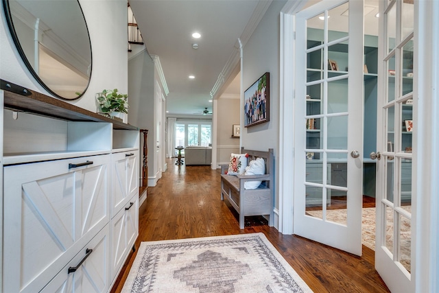 6242 Vickery Blvd, Dallas, TX 75214 - hallway with crown molding, dark wood-style floors, and french doors