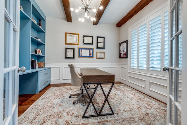 6242 Vickery Blvd, Dallas, TX 75214 - home office featuring beamed ceiling, a chandelier, wood finished floors, a wainscoted wall, and a decorative wall