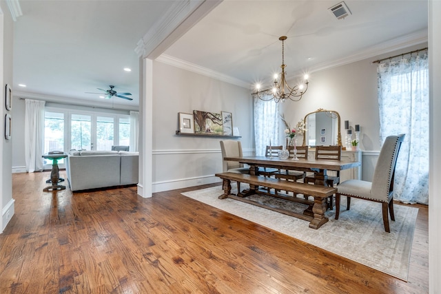 6242 Vickery Blvd, Dallas, TX 75214 - dining area featuring a chandelier, ornamental molding, ceiling fan, wood finished floors, and recessed lighting
