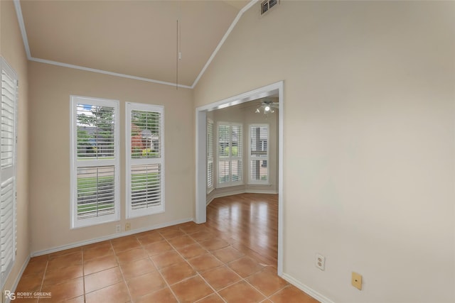 10085 Baldwin Ct, Shreveport, LA 71115 - empty room with lofted ceiling, crown molding, baseboards, a ceiling fan, and light tile patterned floors