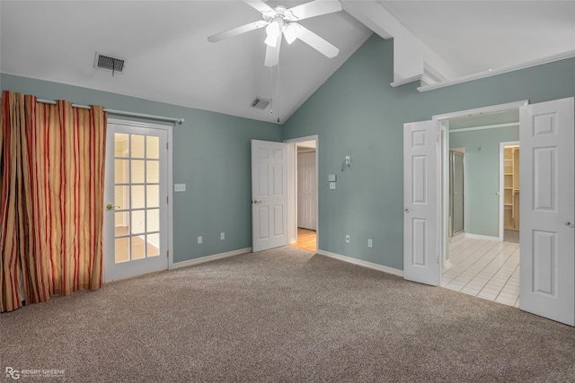 10085 Baldwin Ct, Shreveport, LA 71115 - unfurnished bedroom with carpet, baseboards, high vaulted ceiling, beam ceiling, and ceiling fan
