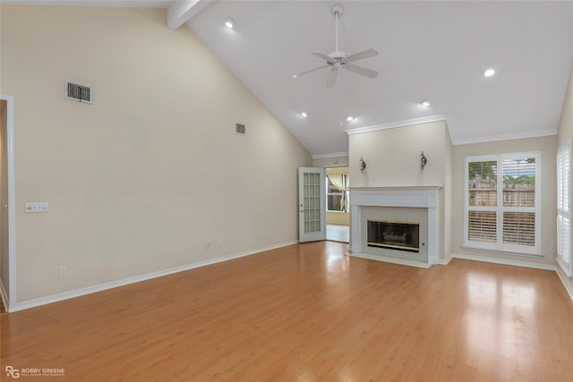 10085 Baldwin Ct, Shreveport, LA 71115 - unfurnished living room with high vaulted ceiling, a ceiling fan, a fireplace with flush hearth, light wood-style flooring, and crown molding