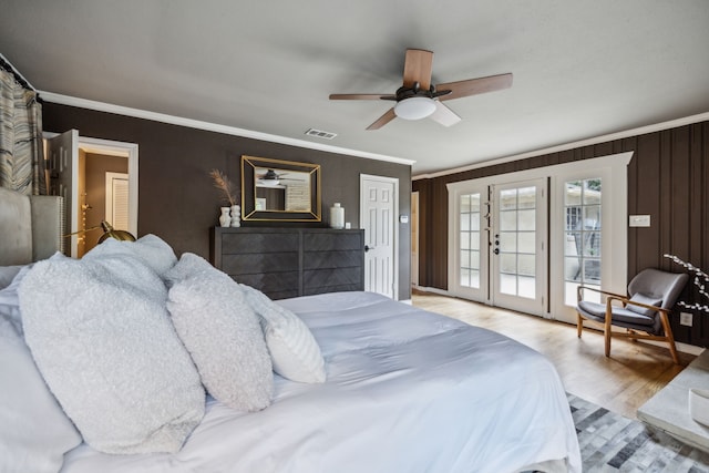9834 Carnegie Dr, Dallas, TX 75228 - bedroom with access to exterior, wood finished floors, ornamental molding, and a ceiling fan