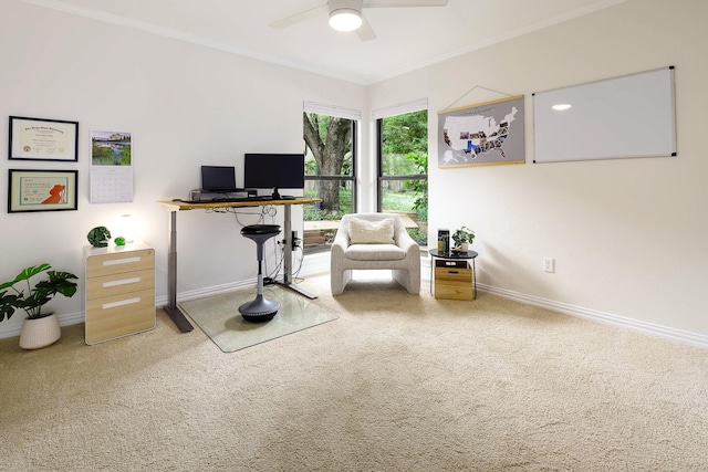 4040 Morman Ln, Addison, TX 75001 - carpeted office space with baseboards, ornamental molding, and a ceiling fan