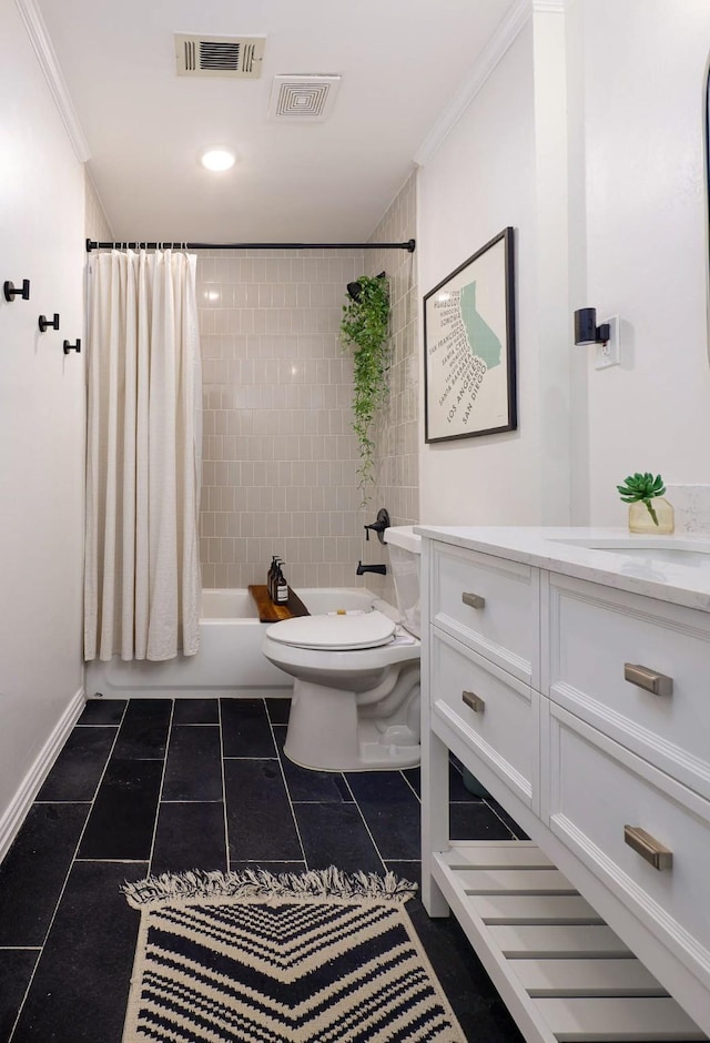 4040 Morman Ln, Addison, TX 75001 - bathroom with shower / tub combo with curtain, toilet, vanity, crown molding, and tile patterned flooring