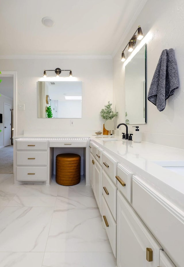 4040 Morman Ln, Addison, TX 75001 - full bathroom featuring ornamental molding, double vanity, and marble look tile flooring