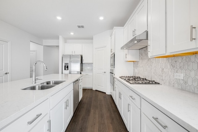 1204 Toro Trl, Fort Worth, TX 76052 - kitchen with appliances with stainless steel finishes, a sink, under cabinet range hood, dark wood-type flooring, and recessed lighting