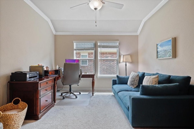 2837 Redbud Ln, Melissa, TX 75454 - home office featuring lofted ceiling, a ceiling fan, crown molding, carpet flooring, and baseboards