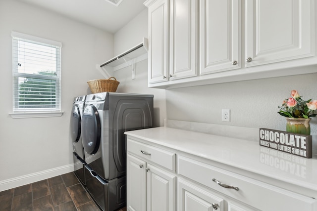 8900 Hidden Pond St, Justin, TX 76247 - laundry room with independent washer and dryer, baseboards, cabinet space, and dark wood-style floors