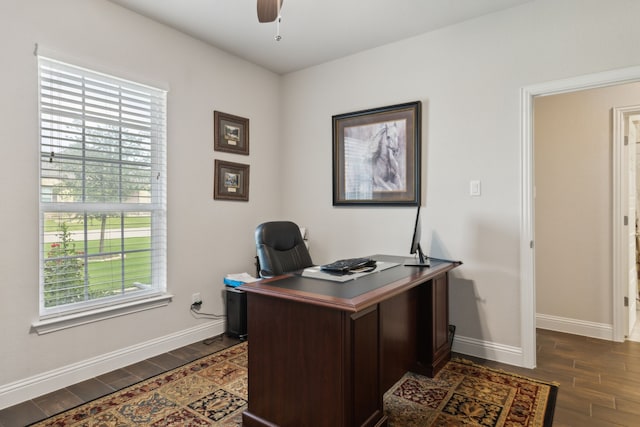 8900 Hidden Pond St, Justin, TX 76247 - office area with dark wood finished floors, ceiling fan, and baseboards