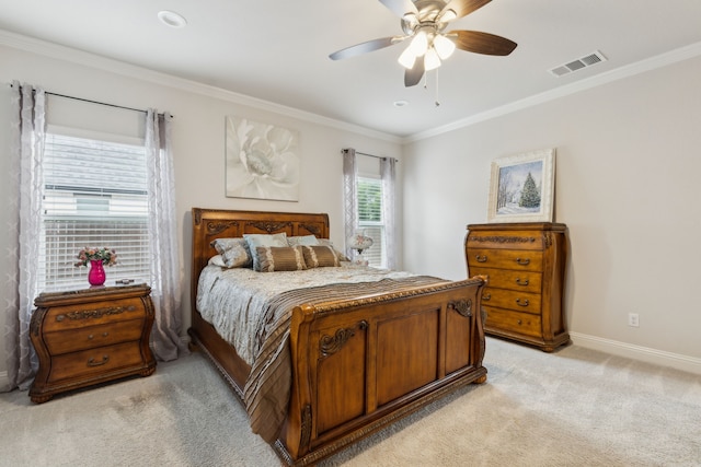 8900 Hidden Pond St, Justin, TX 76247 - bedroom featuring light colored carpet, baseboards, ornamental molding, and a ceiling fan