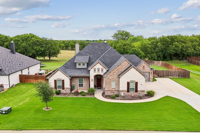 8900 Hidden Pond St, Justin, TX 76247 - french country inspired facade with brick siding, driveway, a chimney, roof with shingles, and stone siding