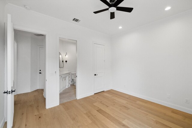 6405 Rockbluff Cir, Plano, TX 75024 - unfurnished bedroom featuring crown molding, light wood-style flooring, recessed lighting, connected bathroom, and a ceiling fan