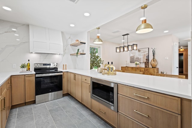 10528 Swallow Ln, Dallas, TX 75218 - kitchen with electric range, built in microwave, open shelves, recessed lighting, and hanging light fixtures