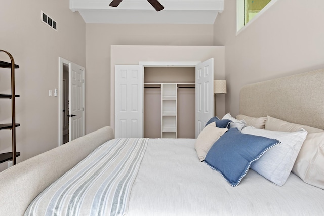 10528 Swallow Ln, Dallas, TX 75218 - bedroom with a closet, ceiling fan, and a towering ceiling