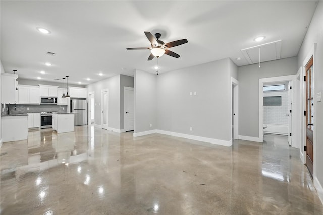 713 E Texas St, Denison, TX 75021 - unfurnished living room with attic access, concrete flooring, recessed lighting, ceiling fan, and baseboards