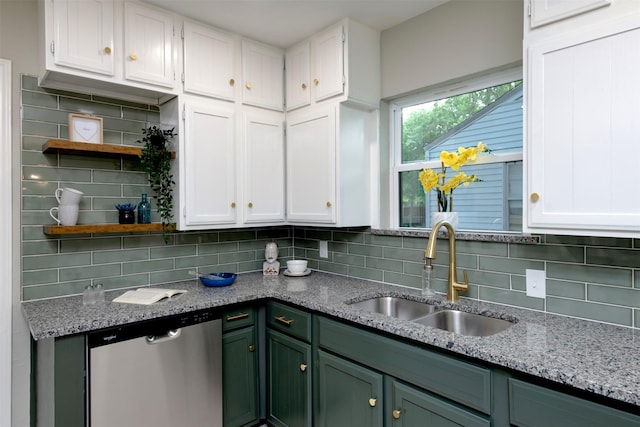 7333 Pensacola Ave, Fort Worth, TX 76116 - kitchen with stainless steel dishwasher, a sink, open shelves, white cabinetry, and decorative backsplash