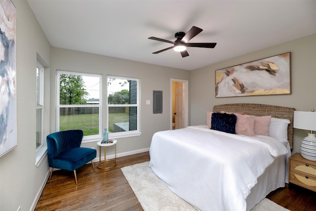 7333 Pensacola Ave, Fort Worth, TX 76116 - bedroom with wood finished floors, baseboards, electric panel, and a ceiling fan