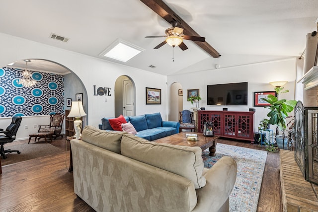 4008 Lynbrook Ln, Arlington, TX 76015 - living area featuring arched walkways, a ceiling fan, and dark wood finished floors