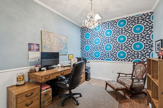 4008 Lynbrook Ln, Arlington, TX 76015 - office area with wood finished floors, crown molding, a chandelier, and wainscoting
