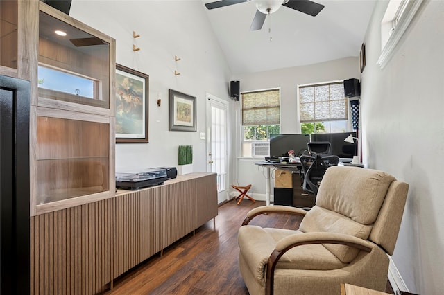 2201 Heatherton Pl, Plano, TX 75023 - office space with dark wood finished floors, a ceiling fan, and high vaulted ceiling