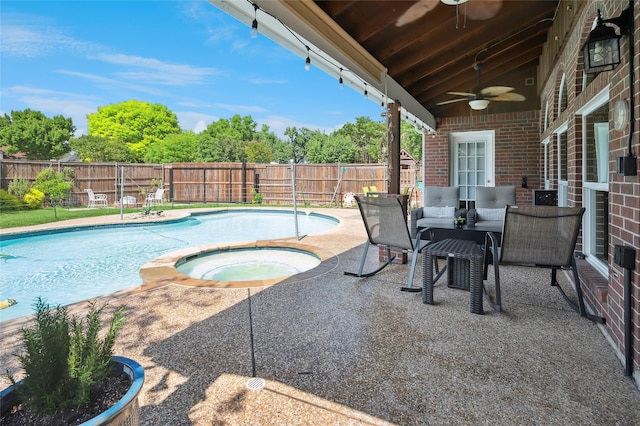 2201 Heatherton Pl, Plano, TX 75023 - view of pool featuring a fenced backyard, an in-ground hot tub, a ceiling fan, and a patio area