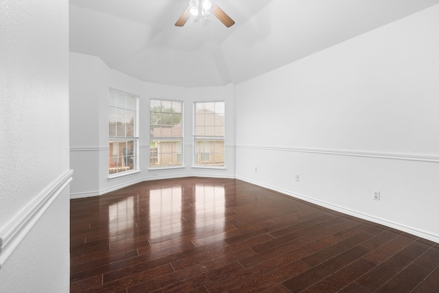 12809 Conifer Ln, Fort Worth, TX 76040 - empty room featuring a ceiling fan, vaulted ceiling, wood finished floors, and baseboards