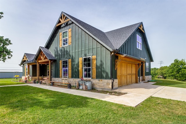4620 County Road 707, Cleburne, TX 76031 - modern farmhouse style home featuring board and batten siding, roof with shingles, stone siding, and a front lawn