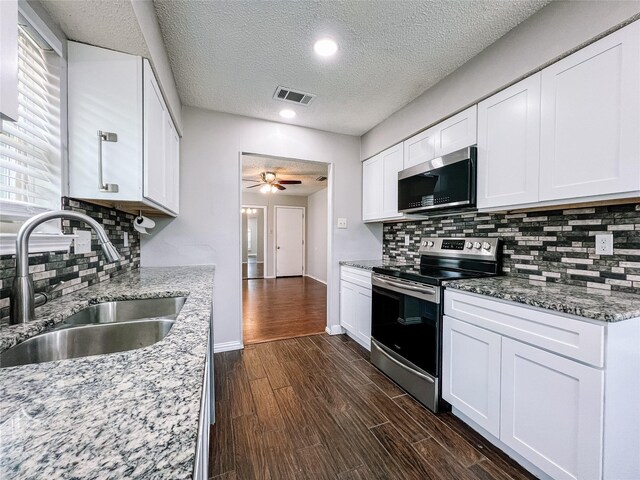 1013 Gannon Dr, Plano, TX 75025 - kitchen with stainless steel appliances, a sink, a textured ceiling, ceiling fan, and dark wood-style floors