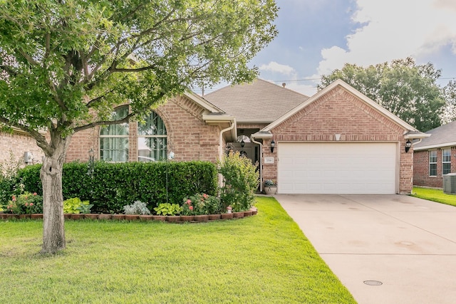 2516 Rushing Springs Dr, Fort Worth, TX 76118 - view of front of house featuring brick siding, a garage, a front yard, concrete driveway, and central air condition unit