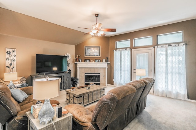 2516 Rushing Springs Dr, Fort Worth, TX 76118 - carpeted living room with a ceiling fan, a fireplace, and lofted ceiling