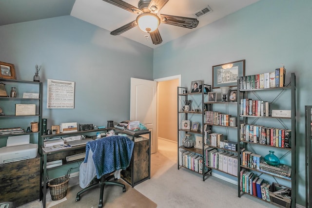2516 Rushing Springs Dr, Fort Worth, TX 76118 - office area with ceiling fan, high vaulted ceiling, and carpet flooring