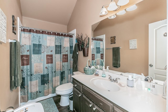 2516 Rushing Springs Dr, Fort Worth, TX 76118 - bathroom with toilet, vanity, a shower with shower curtain, lofted ceiling, and wood finished floors