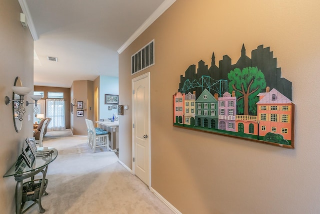 2516 Rushing Springs Dr, Fort Worth, TX 76118 - hallway featuring carpet flooring, crown molding, and baseboards