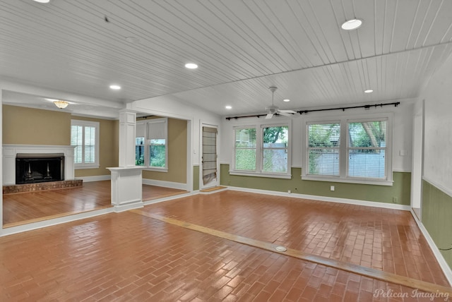 350 Albany Ave, Shreveport, LA 71105 - unfurnished living room with ceiling fan, wood ceiling, recessed lighting, baseboards, and a fireplace with raised hearth