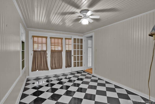 350 Albany Ave, Shreveport, LA 71105 - unfurnished room featuring crown molding, dark floors, ceiling fan, and wooden walls