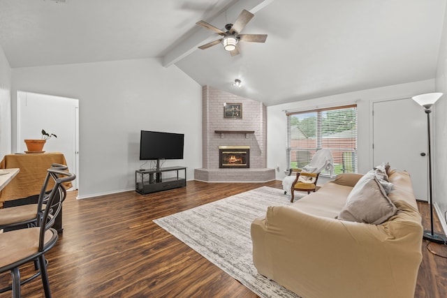 3212 Santana Ln, Plano, TX 75023 - living area featuring a ceiling fan, a fireplace, dark wood-type flooring, and baseboards