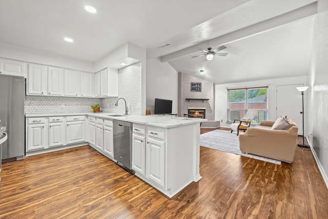 3212 Santana Ln, Plano, TX 75023 - kitchen with stainless steel appliances, a sink, a peninsula, open floor plan, and recessed lighting