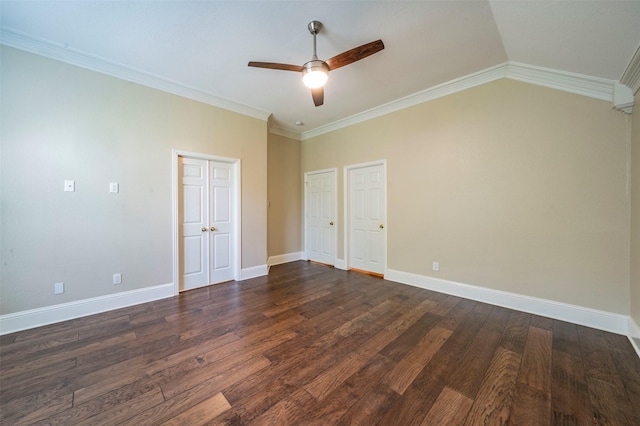 2231 Templeton Dr, Arlington, TX 76006 - unfurnished bedroom featuring dark wood-type flooring, crown molding, baseboards, a ceiling fan, and vaulted ceiling