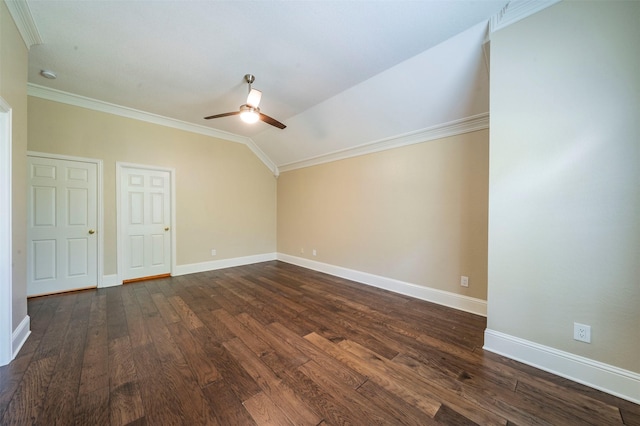 2231 Templeton Dr, Arlington, TX 76006 - additional living space featuring a ceiling fan, dark wood-type flooring, baseboards, and lofted ceiling