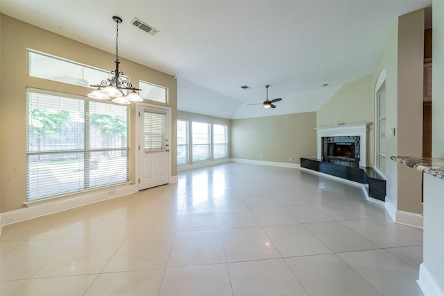 2231 Templeton Dr, Arlington, TX 76006 - unfurnished living room with a fireplace, a ceiling fan, a chandelier, lofted ceiling, and baseboards