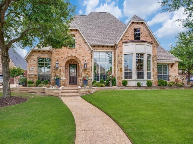 11483 Mirage Ln, Frisco, TX 75033 - tudor home featuring a front yard, a shingled roof, brick siding, and stone siding