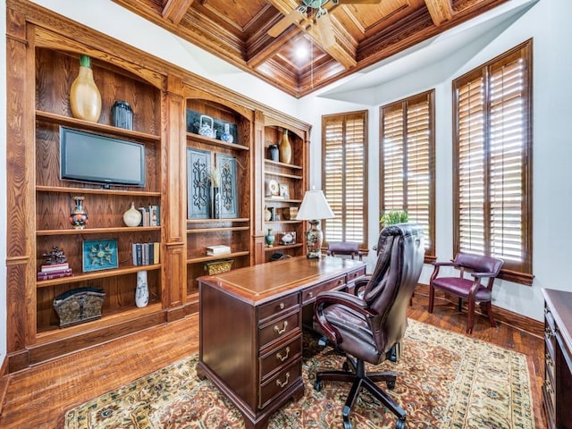 11483 Mirage Ln, Frisco, TX 75033 - office with wood ceiling with exposed beams, wood finished floors, coffered ceiling, baseboards, and ornamental molding