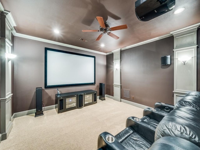 11483 Mirage Ln, Frisco, TX 75033 - carpeted cinema with a ceiling fan, recessed lighting, baseboards, ornamental molding, and decorative columns