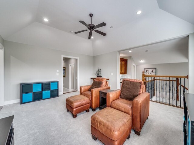 11483 Mirage Ln, Frisco, TX 75033 - sitting room with vaulted ceiling, ceiling fan, light carpet, recessed lighting, and an upstairs landing