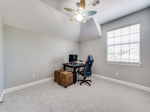 11483 Mirage Ln, Frisco, TX 75033 - home office with a ceiling fan, carpet flooring, baseboards, and vaulted ceiling