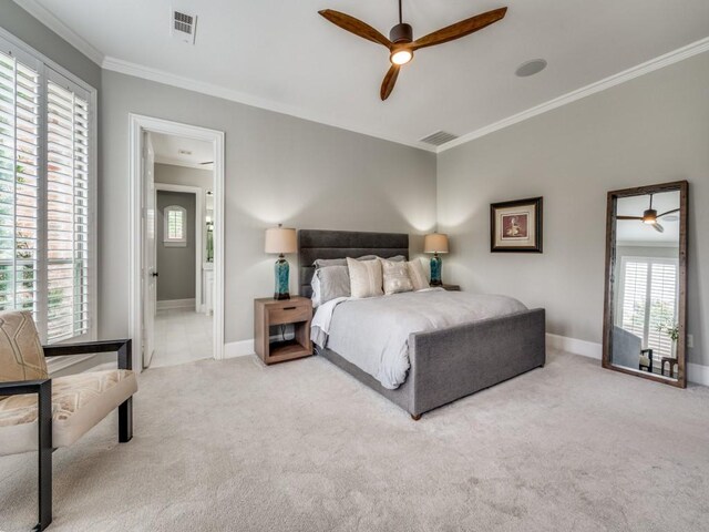 11483 Mirage Ln, Frisco, TX 75033 - bedroom featuring ornamental molding, carpet flooring, baseboards, ensuite bath, and a ceiling fan
