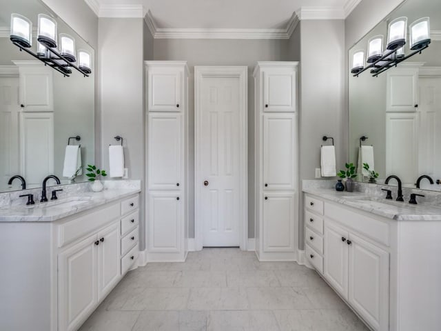 11483 Mirage Ln, Frisco, TX 75033 - bathroom with two vanities, ornamental molding, and a chandelier