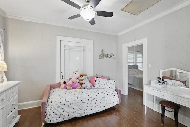 1425 W Gambrell St, Fort Worth, TX 76115 - bedroom with attic access, crown molding, dark wood-style floors, baseboards, and ceiling fan